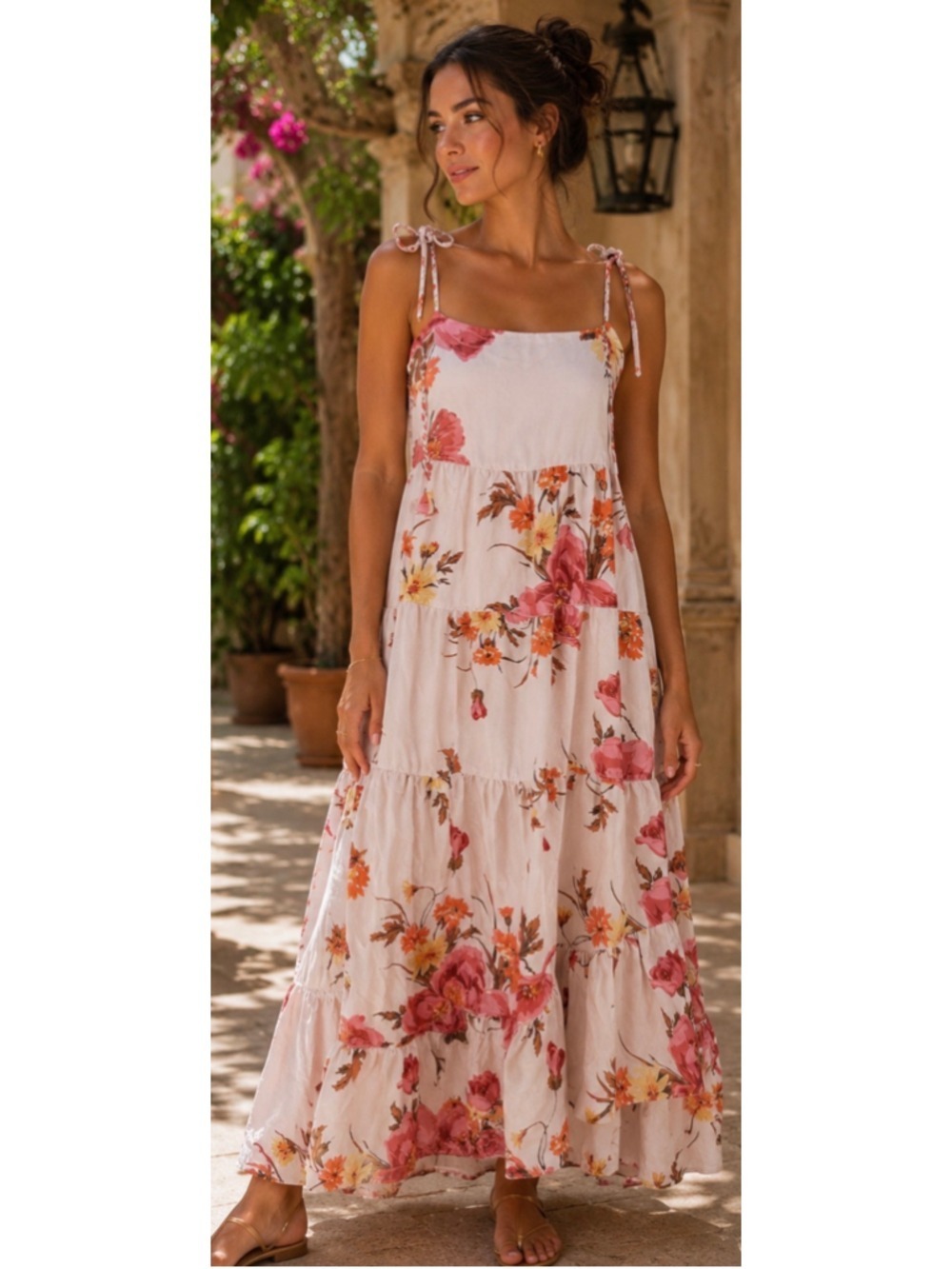 Unsubscribed Pink Orange Floral Tiered Maxi Dress 6/M New Boho Fairy Core Chic